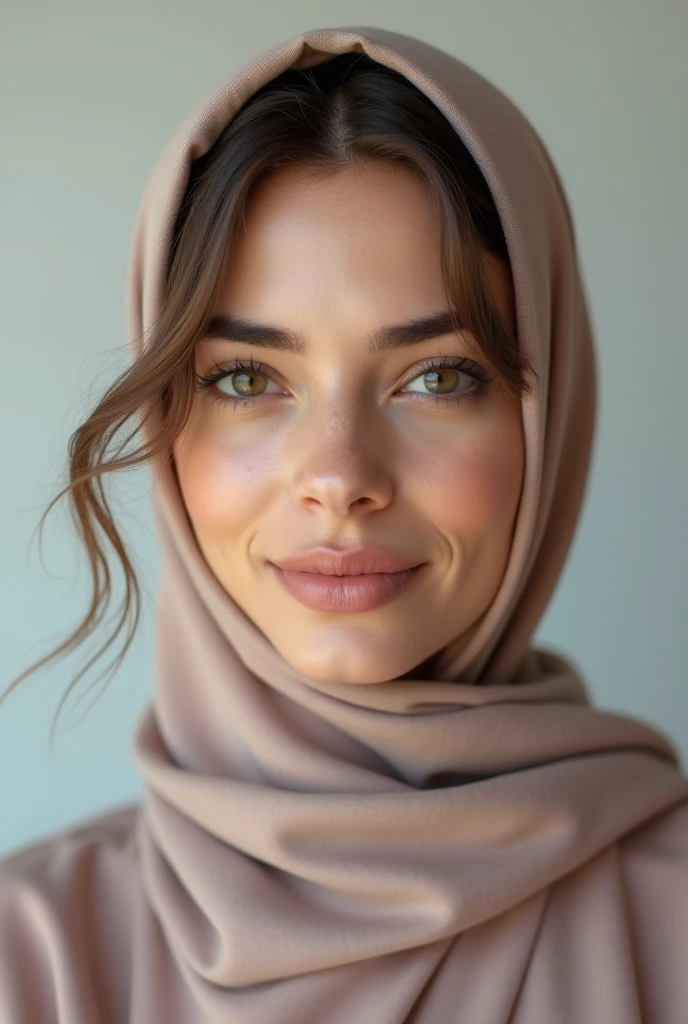 A 30-year-old Arab Muslim woman with an elegant and serene appearance. She has deep brown eyes, a warm smile, and wears a stylish hijab that complements her modest yet fashionable attire. Her complexion is a warm olive tone, and she exudes grace and confidence. The background is soft and neutral, highlighting her beauty and the peaceful expression on her face.