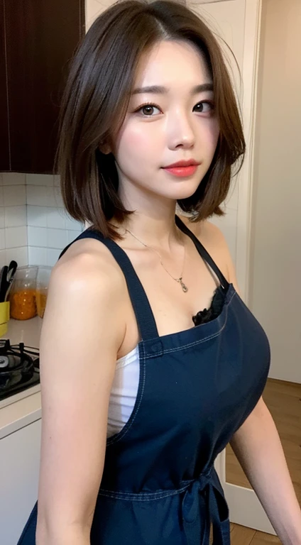 (best quality, 8K, masterpiece: 1.3), Beautiful Women in Perfect Shape: 1.4, Dark brown hair, Wearing a Pendant, Wearing an apron, In the kitchen, Highly detailed face and skin, Delicate eyes, Double eyelids, Large Breasts