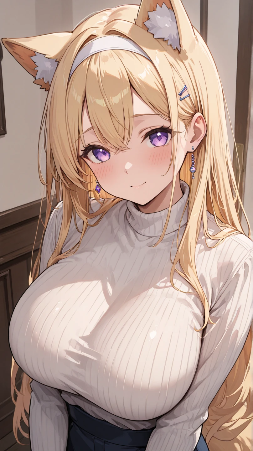 tits、cleavage, smile、arms on table, face palm、breasts close up, blonde ((((((hair over one eye)))))), Braid Styles, spiked hair, blunt bangs, bob hair, a braid, Ahoge red eyes, white knit sweater