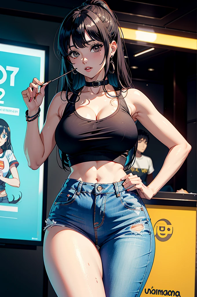 masterpiece, best quality, absurdres, perfect antomy, Ouro Kronii, 1girl, solo, long hair, multicolored hair, breasts, bag, bare arms, bare shoulders, black belt, black baseball cap, black shirt, cleavage, crop top,looking at viewer, navel, shorts, train interior, leaning, standing