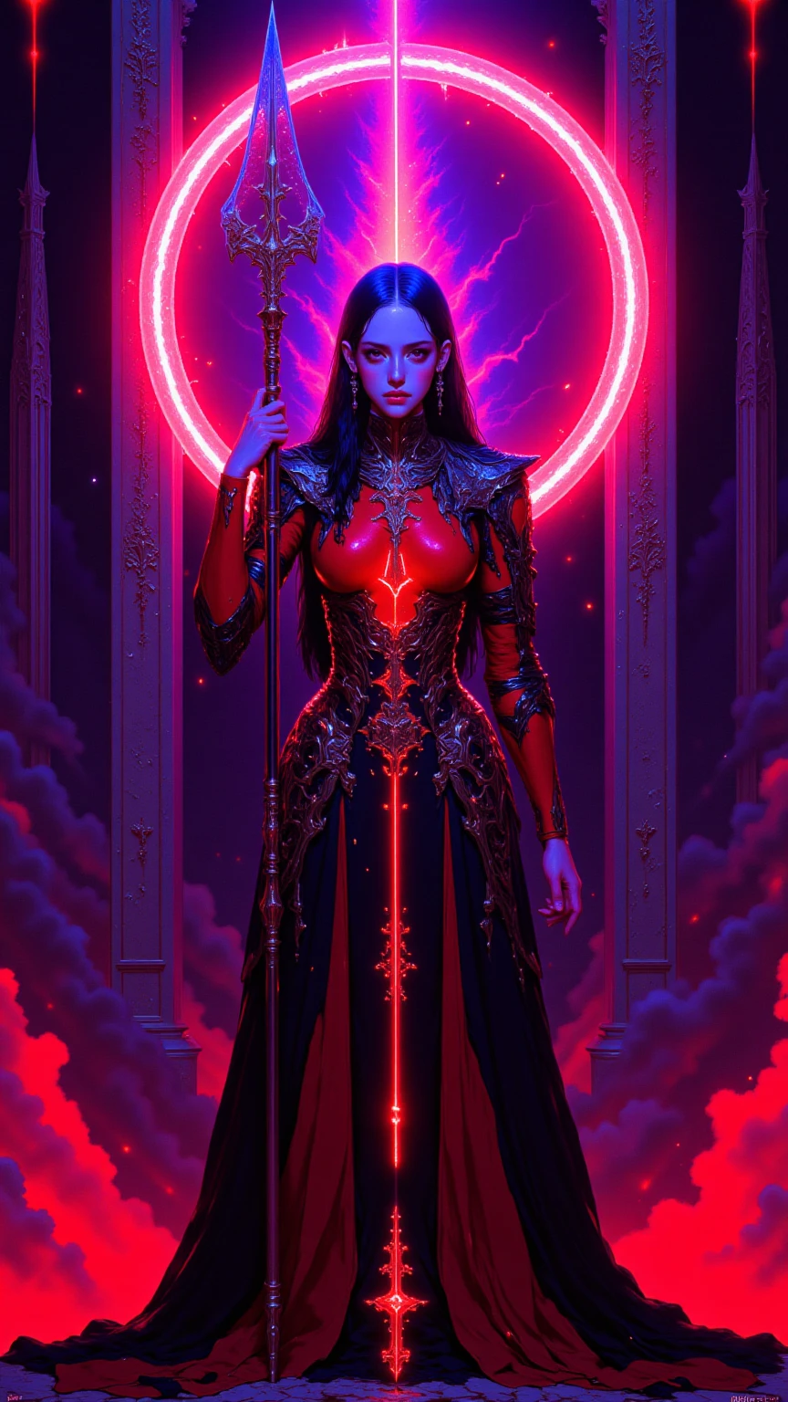 A woman symbolizing dark and rising up, psychology, manipulation, dark, red, black, neon, blue.