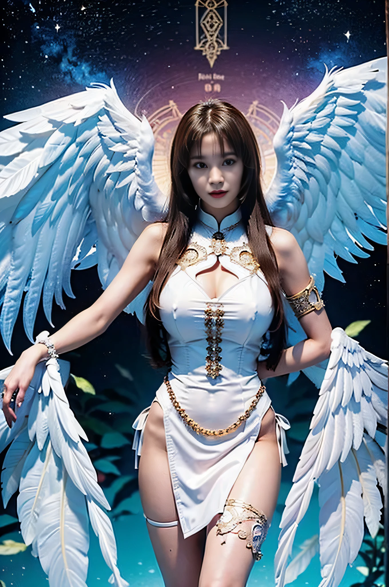 (masterpiece, best quality:1.4), (standing:1.5), (?????? pose:1.5), (full body:1), (looking at viewer:1.2), 1girl, shiny skin, night sky, full moon, Menphina, blue eyes, blue hair, crown, aqua eyes, aqua hair, luxury dress, white blue dress, pale skin, glowing eyes, golden armor arm, aqua_eyes, aqua_hair, jewelry, white_dress, crown, one wing, accidental exposure panties, seat, white panties, beautiful face, (highly detailed face), highly detailed eyes, highly detailed skin, skin pores, subsurface scattering, realistic pupils, medium breast, full face blush, full lips, detailed background, depth of field, volumetric lighting, sharp focus, absurdres, realistic proportions, good anatomy, (realistic, hyperrealistic:1.4), 16k hdr,