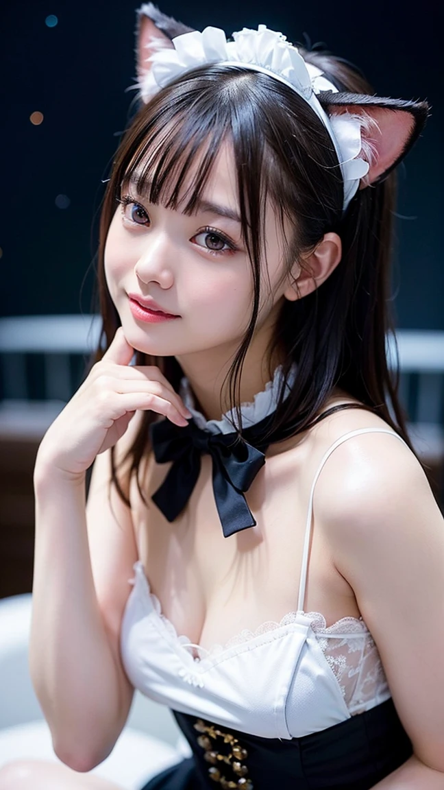top-quality、超A high resolution、(Photorealsitic:1.4)、女の子1人、Bunny Girl Cosplay、black ears、(A dark-haired:1)、Shorthair、(huge-breasted:1.2)、looking at viewert、BAR、No underwear、Black underwear、the kiss