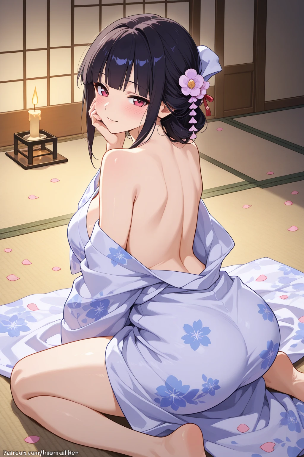Daki from Kimetsu no Yaiba, Daki from Demon Slayer, Daki sitting on a balcony in an Asian room,naked,pussy, hair loose and tied in a bun, pussy naked, milf,golden barrettes, elegant decorations in her hair, Daki's makeup, well-designed lips, chubby , discreet smile, low lighting, ethereal beauty, big back tattoo, large breasts, wide hips, curvy silhouette, attention to detail, focus, sharpness, absurd details, realism, hyper focus, perfect fingers, well-drawn lips, clear face, colors in tone pastel, fhd, 4k, high resolution, dynamic poses, clear faces, soft expressions, dynamic poses  