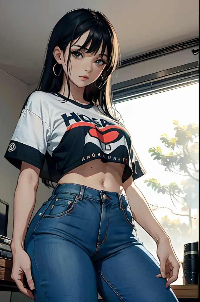 (Hinata Hyuga, muito sensual, com roupas apertadas, bunda grande, pernas grossas, Wearing extremely tight jeans, usando uma mini blusa, umbigo com pirsing, cabelo grande, Speaker behind, muito realista, extremamente sexy, 8k, 8k extremamente detalhado), (um extremamente delicado e bonito), (obra-prima), (melhor qualidade: 1.0), (ultra highres:1.0)