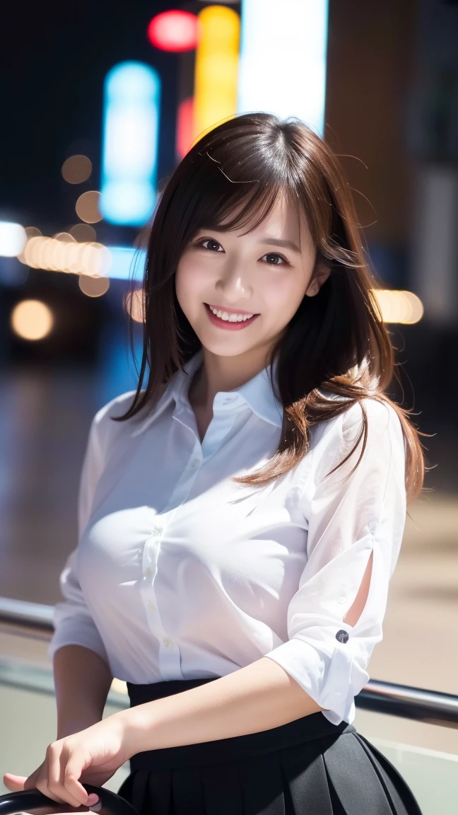 (((Night situation:1.5))), photorealistic, (8k, RAW photo, best quality, masterpiece:1.2), High detail RAW color photo, professional photograph, cowboy shot, (realistic, photo realistic:1.37), cinematic light, (finery detailed face:1.2), white skin, real human skin, (detailed face), oval face, pores, ultra high res, BREAK, thigh 1girl, (((look back:1.2), (thrust out one's hip:1.2))), very cute, very beautiful, photo realistic, Beauty event companion, 18-28 years old, curby:1.15, (medium-breast:1.37, cleavage:1.37), (looking straight at viewer with a serene and goddess-like happiness:1.2), (beautiful thin long hair, brown hair, bangs), (lifter gloss, eyelashes, gloss-face, best quality, ultra highres, Broad lighting, natural shading), BREAK, (seductive look, (school girl uniform:1.3, light-blue collared shirt:1.3, black box-pleats-skirt:1.3)), BREAK, ((shy, evil grin smile:1.3, happy;1.3, closed mouth:1.3, blush, in heat, presenting)), BREAK, ((Night midtown street view:1.5, night town background, moody:1.5, night, star, starry, moody lighting:1.5, cinematic light)), ((from behind:1.5, sexy random posing:1.3)), blurry background, bokeh, depth of field, (cowboy shot:1.3), centered image, perfect anatomy, perfect proportion,