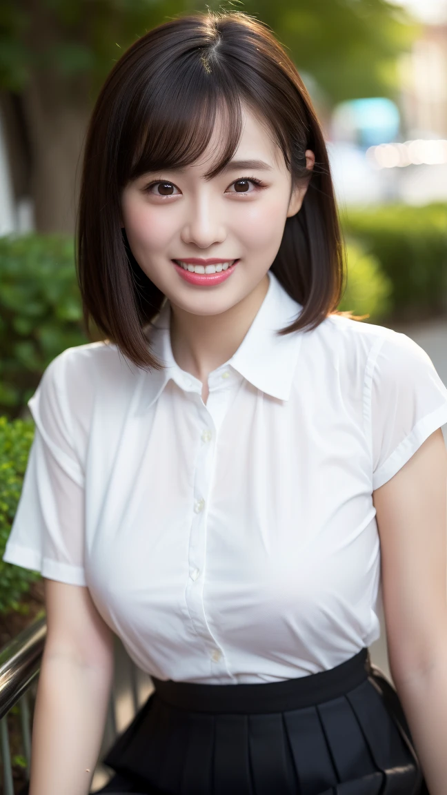 Standing in the park, Wrinkles around the eyes, Smiling with teeth showing, Plain short-sleeved clothing, senior citizen, Draw lips correctly, Red lipstick, No discomfort, 16K, Highest quality, Very detailed, Realistic, Very detailed肌, (Japanese), (alone), 100 years old, Large Breasts, , Glamour, sexy, Chromo White Skin, Staring straight ahead,