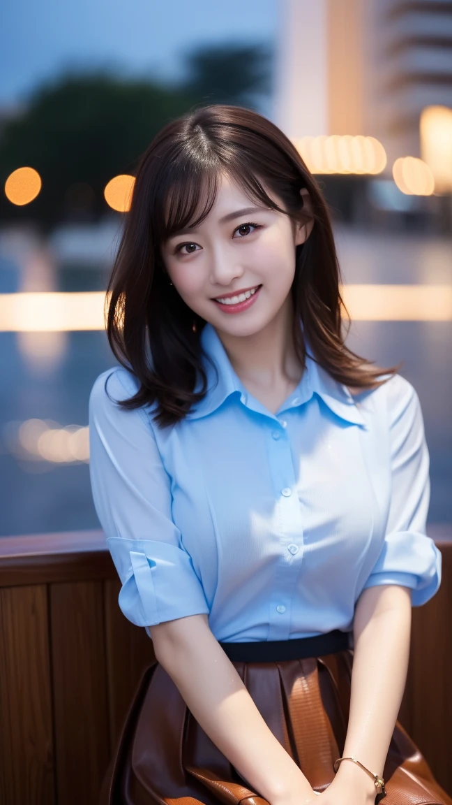 (A beautiful Korean lady, age 28, wearing formal White shirt with buttons & lime mini-skirt, WeatherCast news at Han River, friendly and feminine expressions, kind smile, dimpled chins, cute snaggle-tooth, short bob hair ponytail, symmetrical face, realistic detailed face, beautiful detailed eyes, perfect body proportions, ample round bosoms, photorealistic, hyper-realism, high contrast, ultra HD, realistic skin textures, top image quality, top-quality, super high resolution, fine details, very meticulously, masterpiece, head to knees, serene ambience, The_Cowboy_Shot, bokeh night background)
