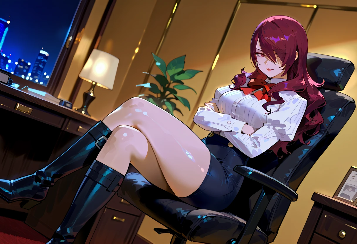 1girll,sitting the desk,Slender legs,black lence stockings,High heels hang down from your toes,Facing the audience,HighestQuali, highly detailed ,Large breasts, Top knot, Medium hair, Crowded breasts,, , Kneel, raunchy,masterwork, HighestQuali, highly detailed、white shirt、black necktie、red hair,with his back to the viewer,Hips facing the viewer,big assa