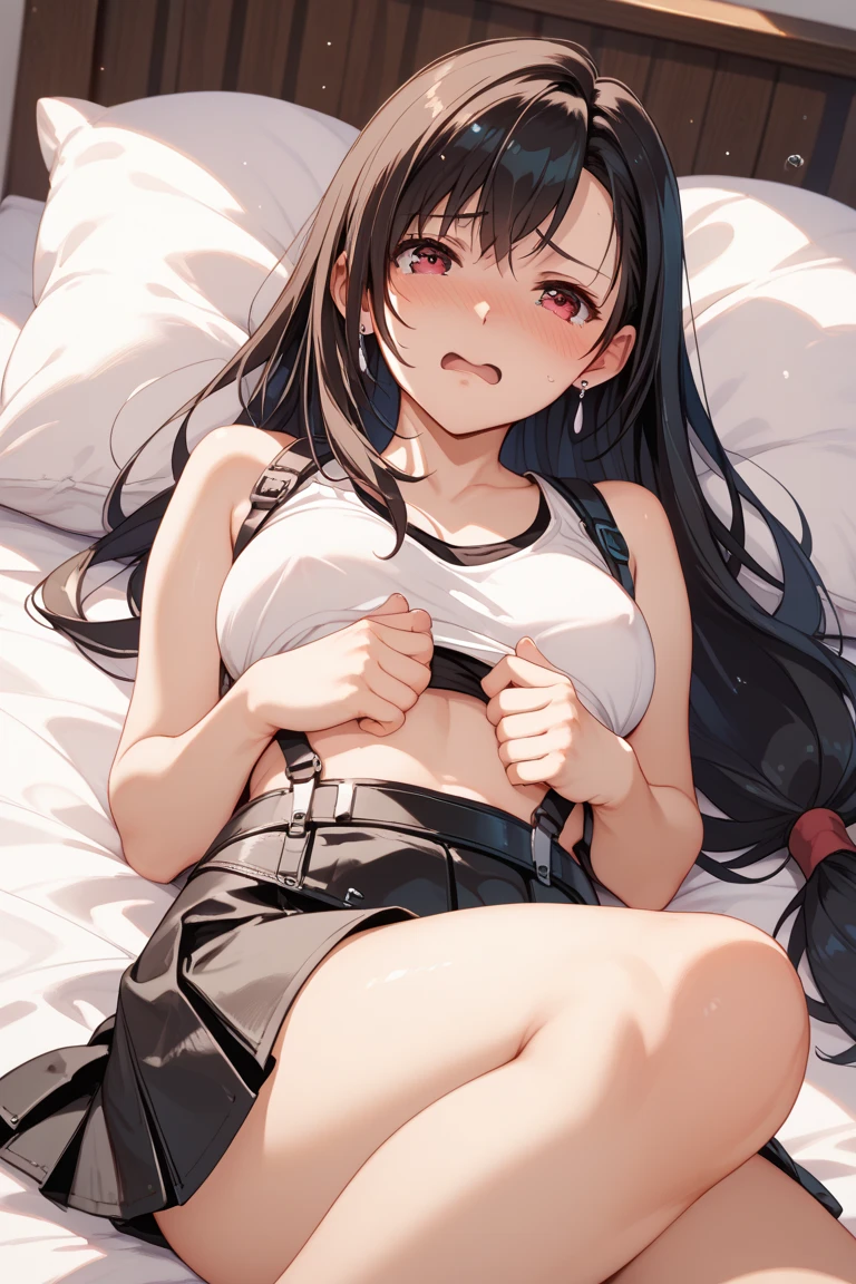 (highest quality, High resolution, perfect pixel, Depth of the bounds written, 4k), beautiful anime girl,
Tifa FF7、1girl in、looking at the viewers、
blushing、seducting smile、open mouth,
large breast,
(white tank tops:1.3)、a black skirt、Suspender skirt、Midriff、(black thighhighs:1.3)、
Red gloves、bra very、zettairyouiki、
(lying on bed, shirt lift),