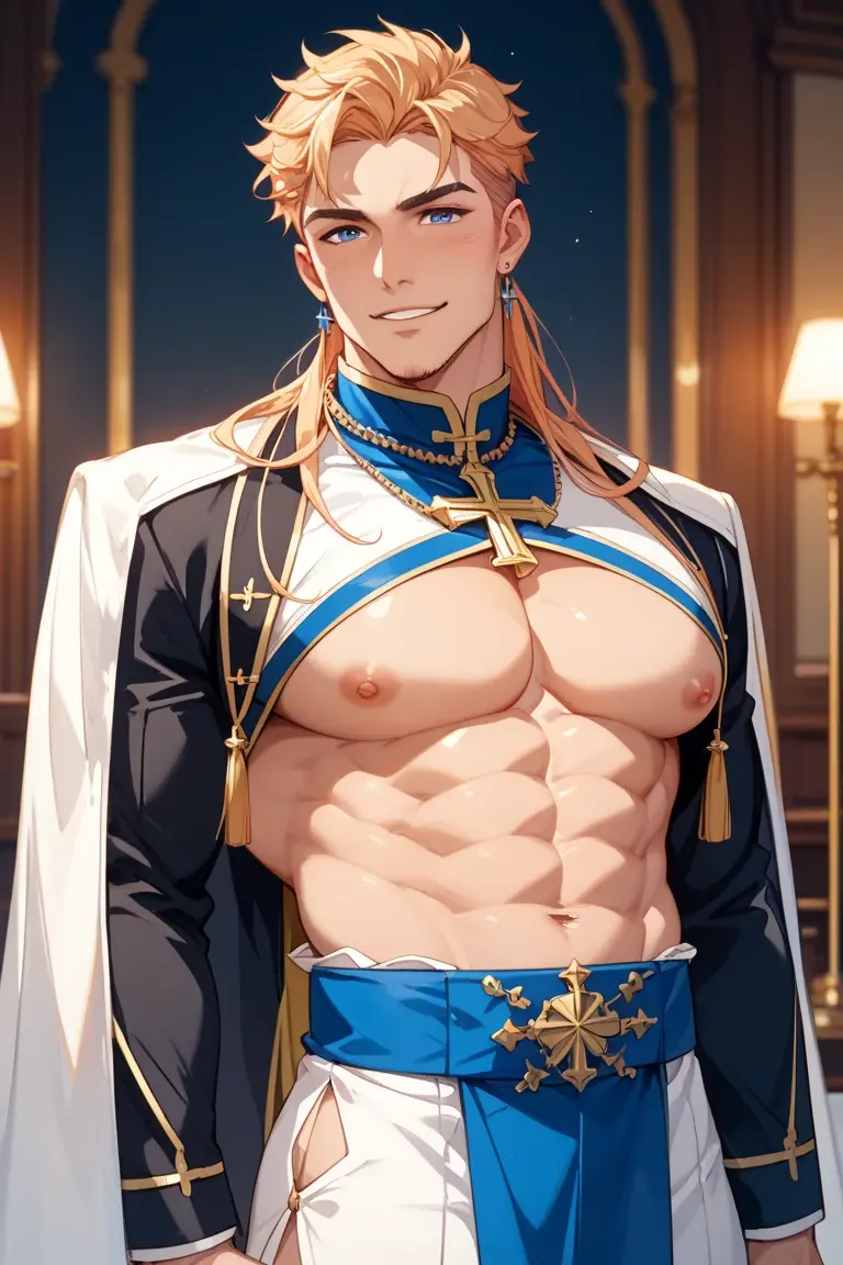 realistic, masterpiece, intricate details, detailed background, depth of field, muscular, Photo of a handsome Korean magician, american man, 25 years old, Linen Gold hair color and short hair), voluptuous crotch, Mercury planet spell, sorcerer, wearing a long hooded cloak, sexy muscular, wearing a thong, pectoral focus, earthmaniac, white skin, pale