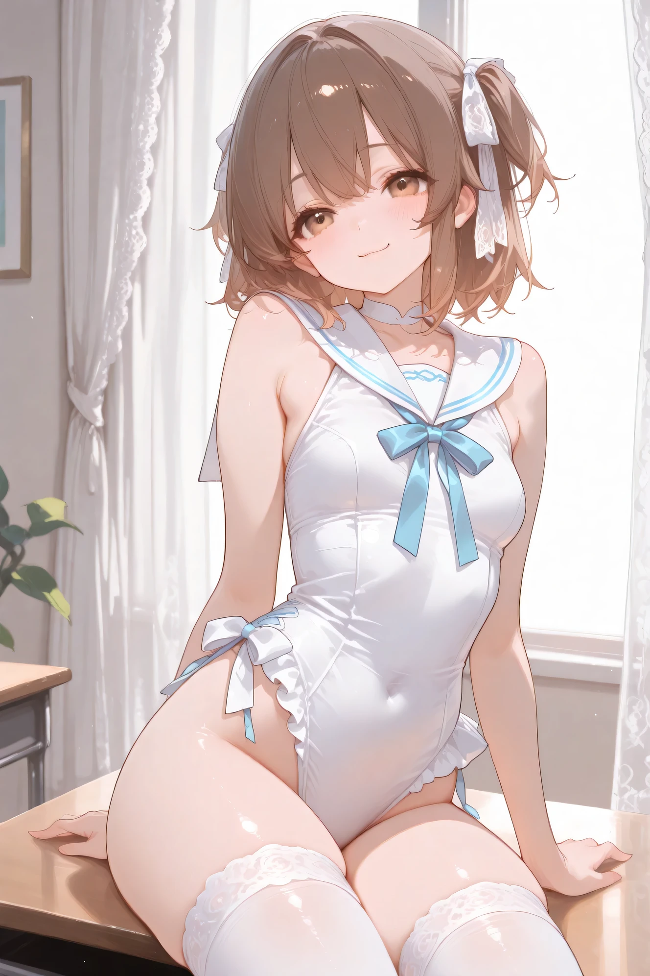 top quality、high resolution、masterpiece、detailed background、portrait photography、soft background blur、natural skin tone、Soft brown hair、Inside the Classroom、scene where a cute little girl with a smile is sitting at her desk、lace curtains、White sleeveless white sailor suit with white ruffles、white sailor color、white stockings、is slightly blushing on the cheeks、Bright and soft light、pinched in the chest very beautiful