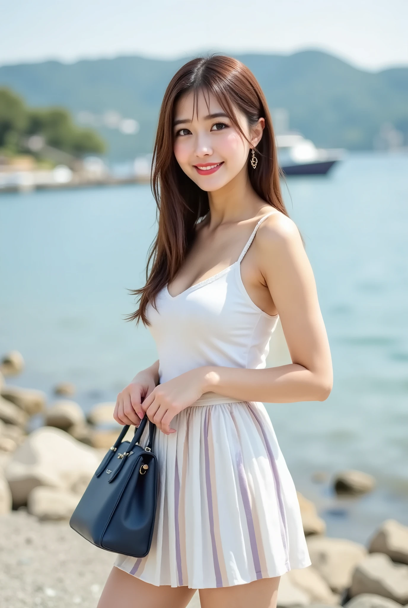 This professional outdoor portrait photo、遠くの丘と港を背景に、of a young Asian woman standing by the water. She wears a white sleeveless top and flesh-colored pantyhose、wearing a white pleated skirt with distant hills and harbor in the background, beige and lavender vertical stripes, and a navy blue handbag Accessorize. This image、and consists of intermediate shots using natural frontal lighting、shows a warm and balanced exposure. The direct gaze and sincere smile of the subject、creates an attractive point of contact with the viewer.