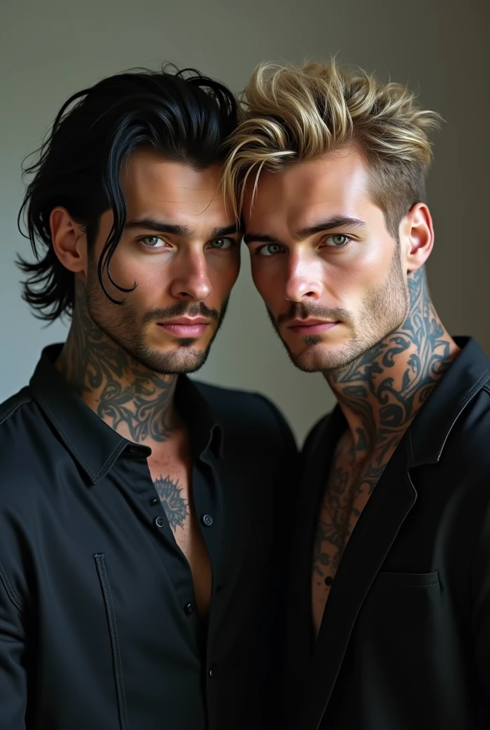 2 man, tatuados, brownhair, thinner beard, Selfie, Very realistic 
