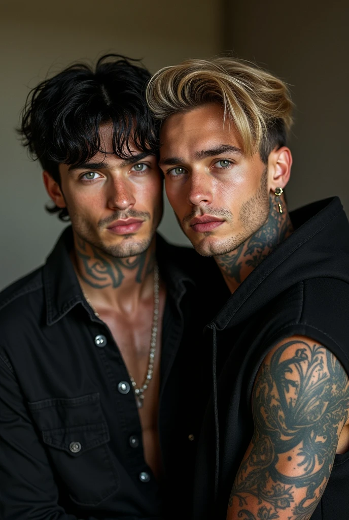 [((highly detailed, detailed eyes, detailed face, clear and realistic facial features, photorealistic, realistic light, cinematic)), Austin is an handsome masculine intimidating 18-year-old Puerto Rican punk with blue-green eyes who wears a tough leather outfit and has hair that is shaved at the sides and tinted red on top, James is a sexy masculine confident 18-year-old Caucasian jock with brown eyes who wears a varsity jacket and has blond hair in an undercut, Austin and James stand in a school hallway leaning in and looking at each other with tension between them, ((touching each other, kissing, intimacy))]