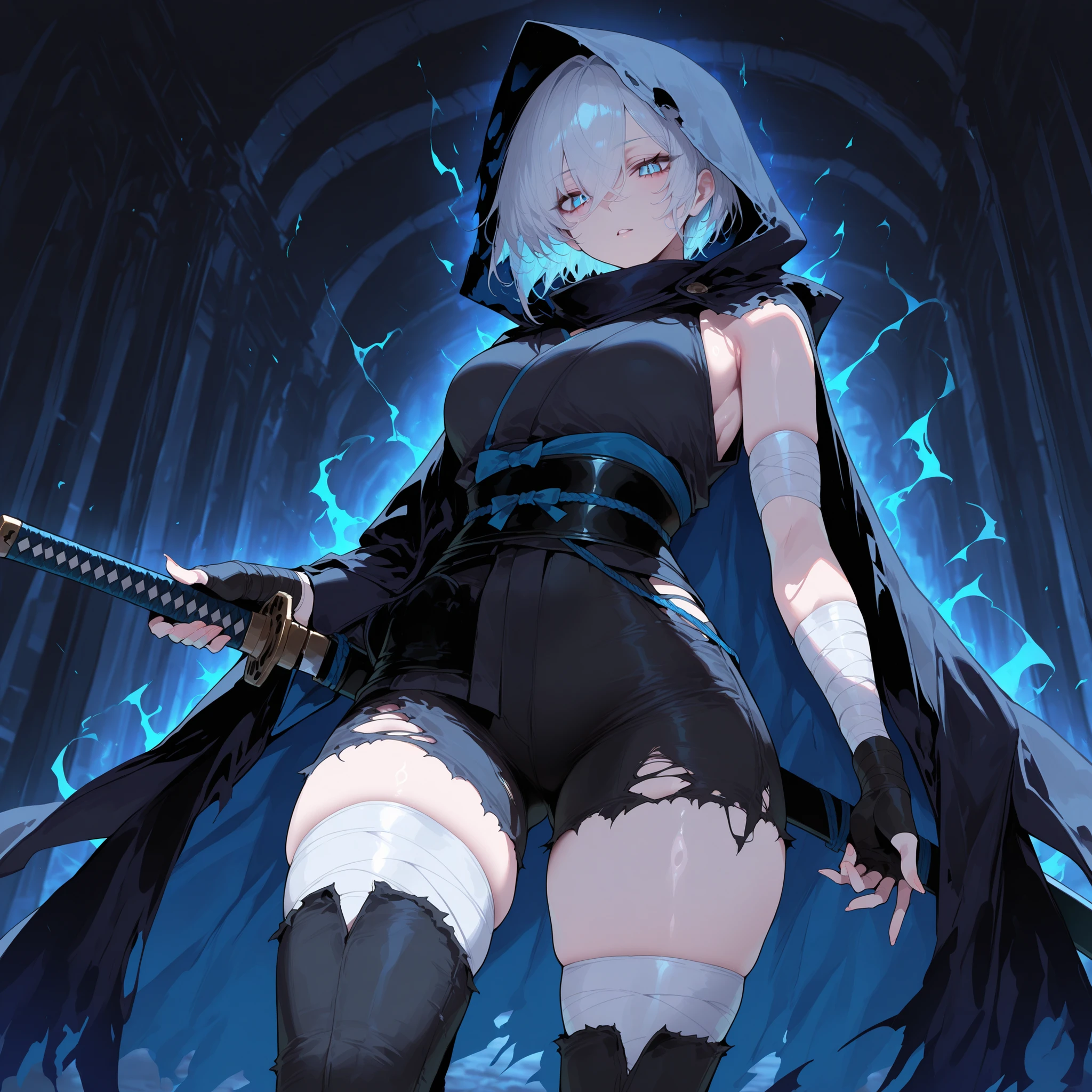 masterpiece, best quality, absurdres, newest, very aesthetic, amazing quality,highres,sensitive, highres, ultra detailed, best anatomy, HDR, 8K, high detail RAW color art, high contrast, ray tracing, realistic shading, (cinematic lighting), glistening, perfect eyes, (detailed face, beautiful detailed eyes, perfect body),

1girl, short hair, blue eyes, hooded cloak, elbow-length fingerless bandaged arms, thigh high bandaged legwear, black short, katana, scarred skin, samurai, dark fantasy, dark background, blue aura, black torn pants, kimono, sleeveless