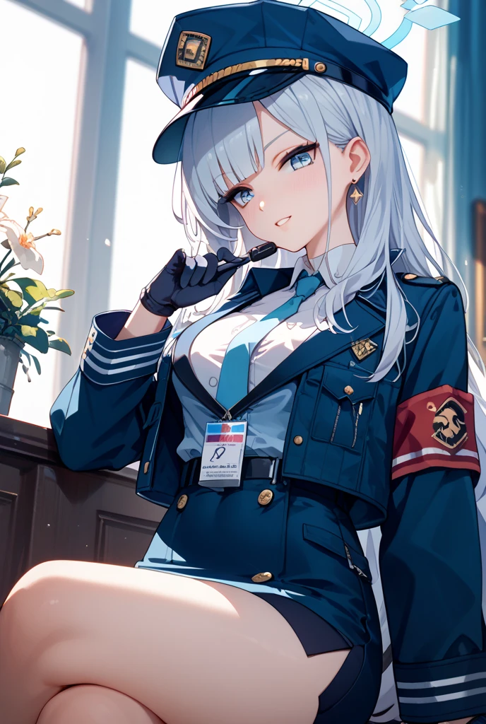 mature_female,silver hair,lipstick,eyeshadow,long_eyelashes,thick eyebrows,ahegao,jitome,heart-shaped_pupils,black_pantyhose,fingerless_gloves,police_uniform,long hair,