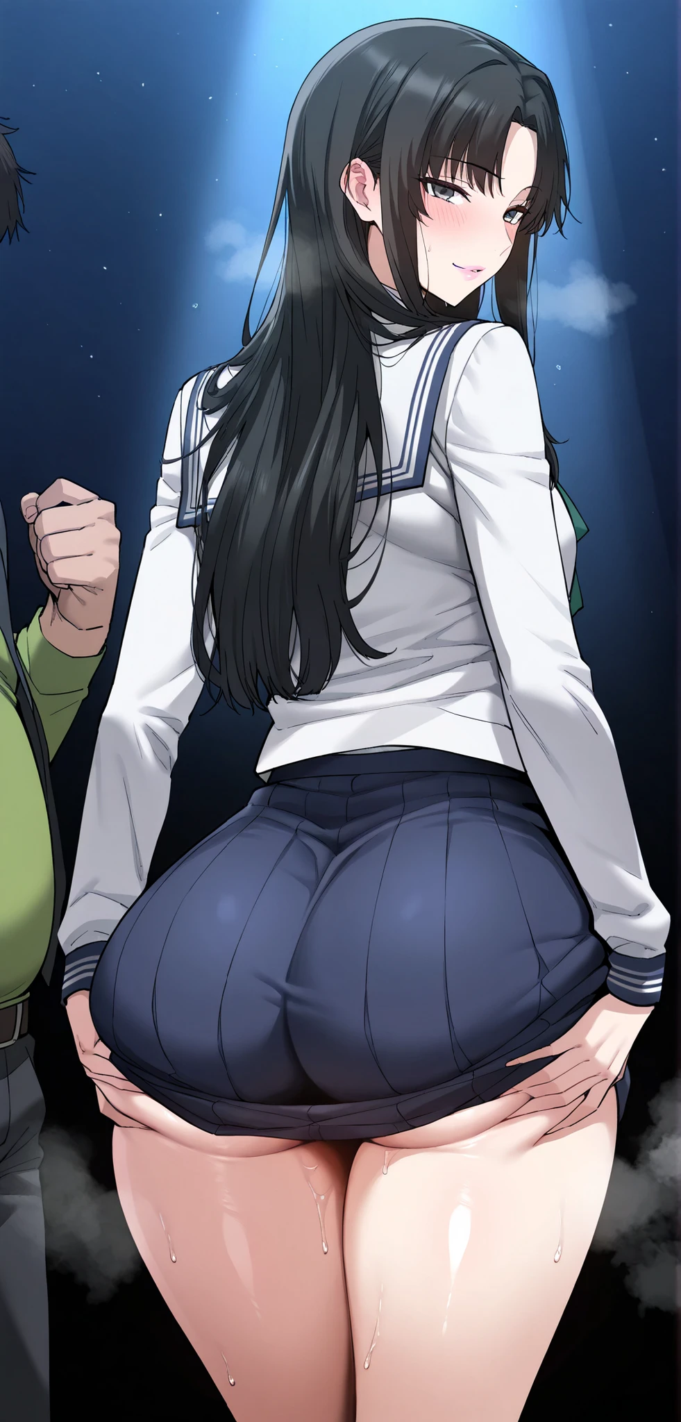 ,score_9, score_8_up, score_7_up, score_6_up, score_5_up, score_4_up, ((, 1girl, long hair, black hair, black eyes, grey eyes, blue eyes, parted bangs, pink lips, highschool girl uniform,
seductive expression,(masterpiece)), Highest quality, Very detailed,(One Girl), master piece, best quality, score_9, score_8_up, score_7_up, score_6_up, score_5_up, score_4_up, masterpiece, best quality, very aesthetic, absurdres, Score_9, Score_8_up, Score_7_up, Score_6_up, Score_5_up, Score_4_up, Source_anime, Tag1, Tag2, Best quality, High quality, Detailed, High resolution, 8k, Ultra high res, Soft saturation, Professional quality, Perfect contrast, Perfect lighting, Anatomically correct, Huge breasted, Wide hips, Gargantuan butt, Sensual woman, young female, seductive BREAK Face focus, detailed face focus,(nsfw:1.3, steam:1.3), slutty expression, sexy look, standing , fat thug man hugging while squeezing one ass ,1man, tightly squeezing ass, fan serving pop idel on stage, harrassing, tight skirt lifted up, rear view,ass focus, hariy hand on ass