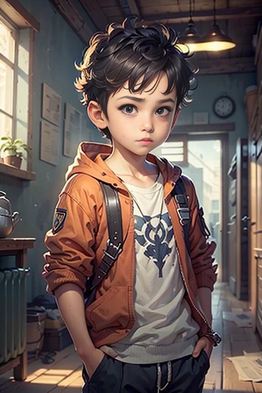 Looking at me, (best quality, masterpiece, ultra-realistic), Masterpiece, best quality, cinematic lighting, beautiful concept art, surrealism, epic scene, 8K, Milo is a boy, the boy 6 year old, full body, boy wearing blue dark shorts, white hoodie and brown school bag. blank background, black background, single background
