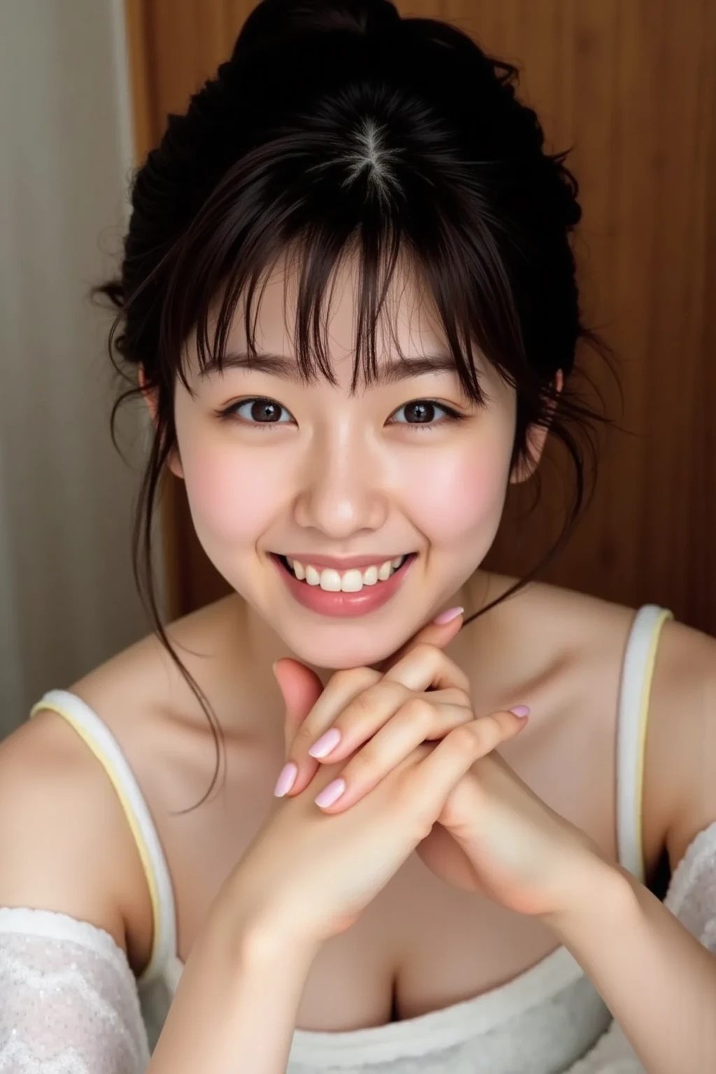(8K、RAW Photos、Highest quality、masterpiece:1.2)、((Nipples、whole body、short hair、Flat Chest、smile))、(Realistic、Realistic)、1 Girl、((lingerie、Waking up、After sexual、morning、 Hotel Bedroom、Lying in bed、smile))、cute