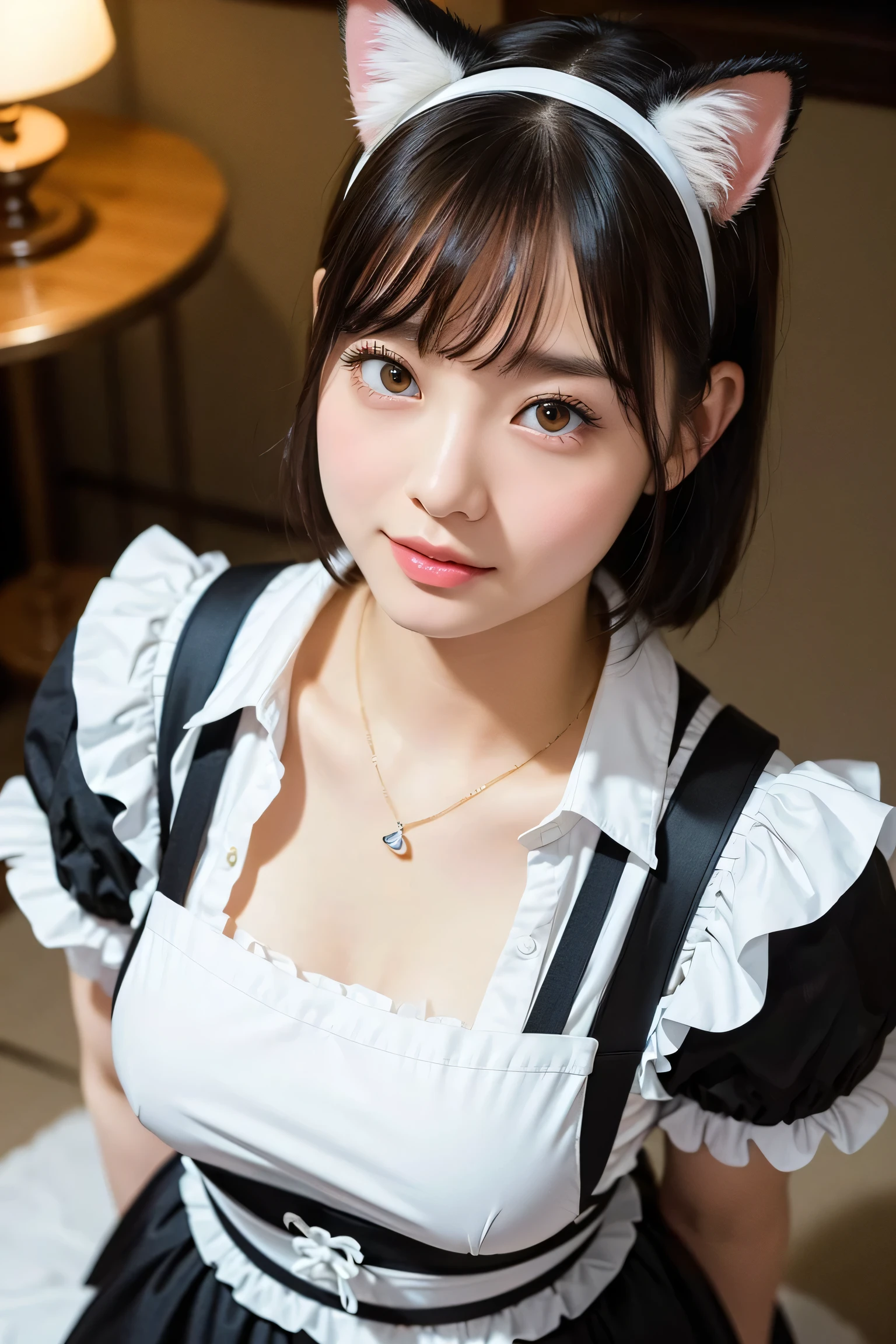 masterpiece, One girl per photo, Upper Body Shot, View from the front, Young and beautiful woman in Japan, She is smiling while sitting in a cafe wearing a cute black maid outfit made of short sleeved satin silk., Wearing a white frilly headband, White frilly apron, Black choker, Attractive appearance, Super cute face, Glossy lips, Sweaty body, Double eyelids on both eyes, Natural Makeup, Long eyelashes, Shiny and smooth light brown long bob hair, Asymmetrical bangs, Sunburned skin, Center image, 8K resolution, High detail, Detailed hairstyle, Detailed face, Spectacular movie lighting, Octane Rendering, Vibrant, Ultra-realistic, Perfect limbs, Perfect Anatomy,Disproportionate breasts, Apply blush all over the face
