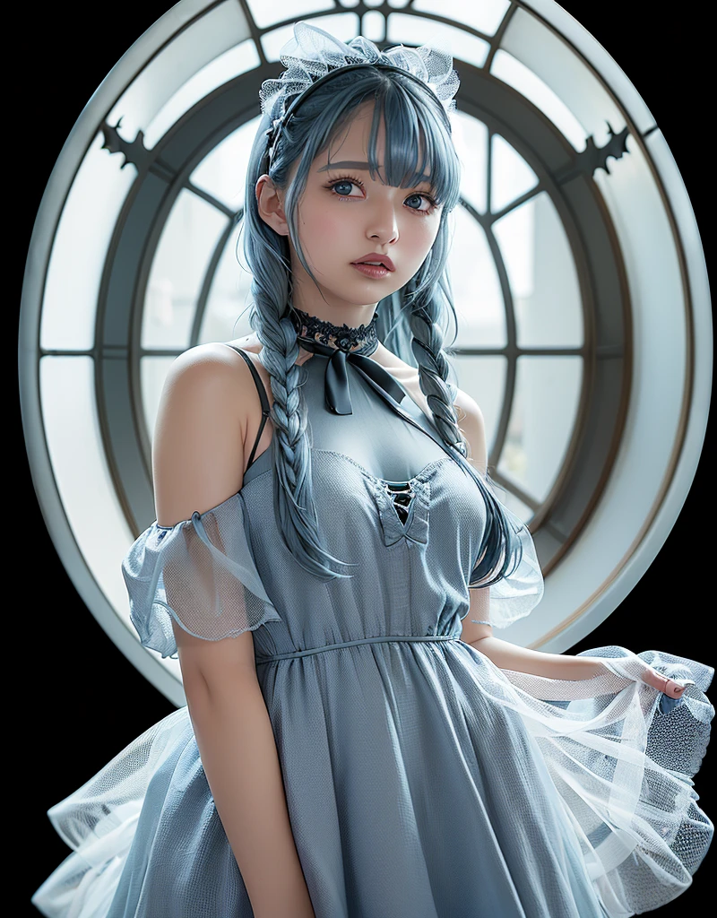 a princess, silver hair, ponytail, wearing a thin silver nightgown, in the kingdom, alone, painting, bright blue eyes, white skin, beautiful face, sad expression, ultra hd image, aesthetic, eye level camera, night time, sitting , full body, HD image, facing the camera, looking at the painting, image taken from the side, camera position at eye level