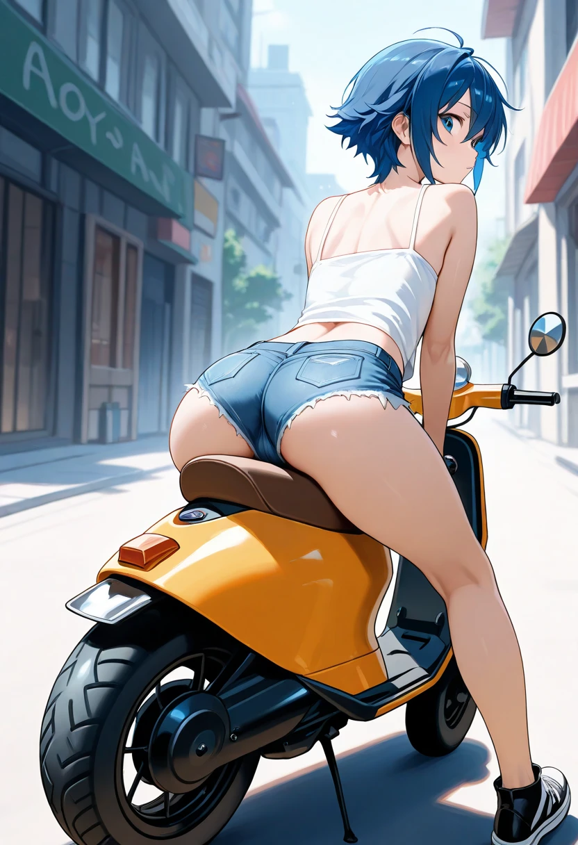 (cowboy shot),(Perfect Anatomy,top-quality、The ultra -The high-definition、hight resolution、extremely details CG、8K Unit Wallpapers),20-year-old、solo,Beautiful detailed eyes,black hair,shor bob hair,blunt bang,(small breasts,slender body,skinny),gleaming skin,oily skin,(punk fashion、leather jacket、topless、military pants、combat boots), (undressing the pants), (drops pants to knees), (no panties), (drive a motorcycle,Harley-Davidson,),on road,Tokyo,at night、