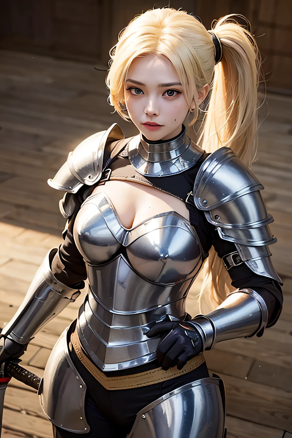 (Masterpiece, top quality;1.3), (High resolution, very detailed: 1.2), (Highly detailed face), (Super detailed), Perfect eyes, in the cave, 1 woman, solo, big breasts, knight and blonde hair and long hair and full plate armor, arm down, gab Claymore\(sword/), fighting_stance, reap, swing a fire sword, spread one leg, full body, duel