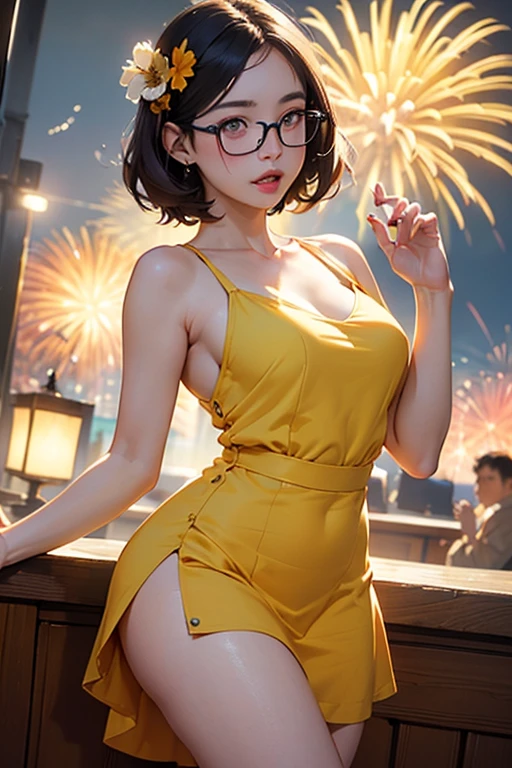 in 8K、超A high resolution、Best Quality、masutepiece (Large breasts、Colossal tits、Shiny buttocks、Spread your legs to the sides:1.7)(Long orange kimono with fireworks pattern:1.4)(Summer Festivals:1.3) (Brown hair semi-long:1.2)Big eyes smiling happily、Distinct double eyelids、Lashes、Highlights in the eyes、Light brown eyes、Pinclip Gloss、piercings、Red band、Red clogs、Kimono comes off