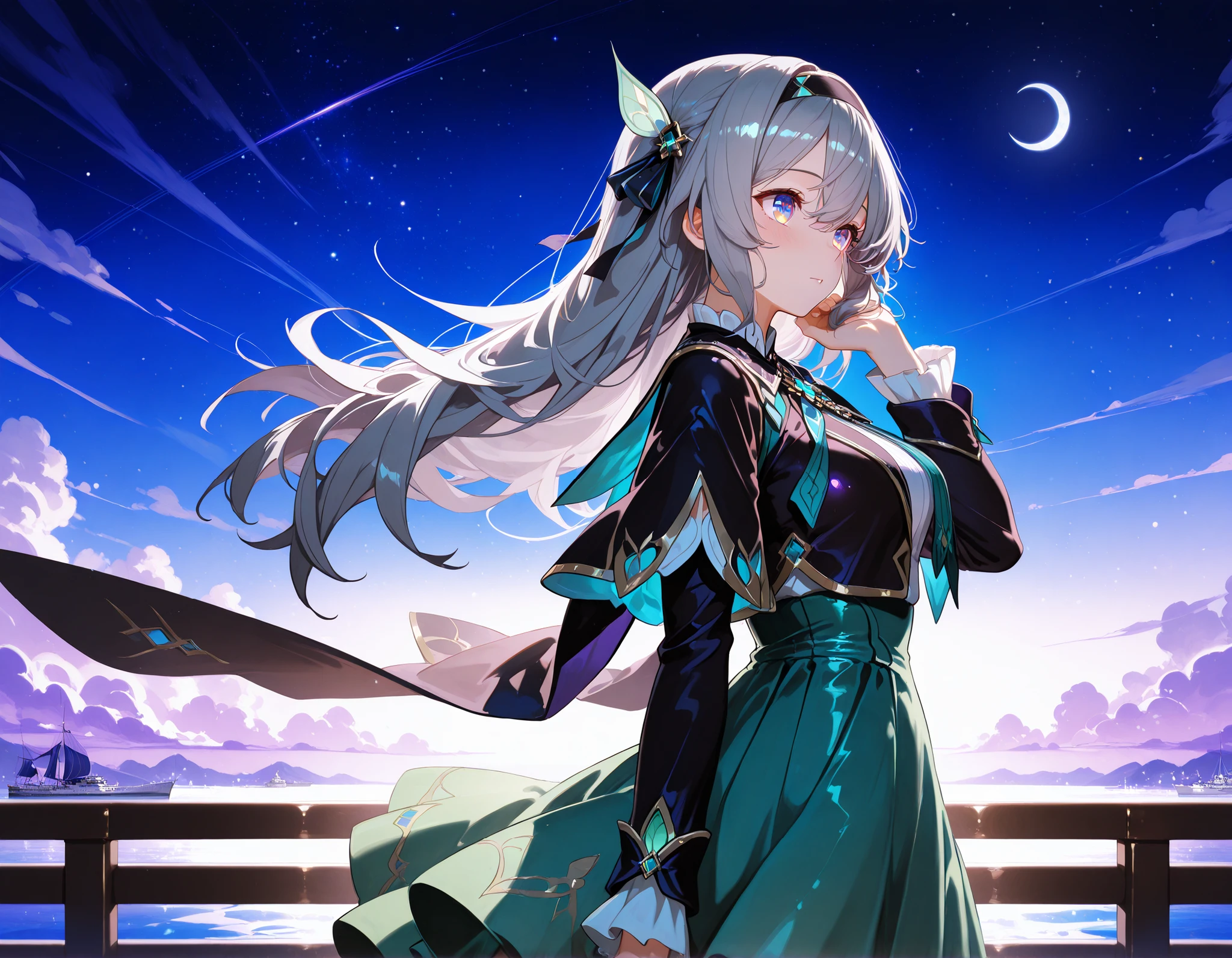 high quality, masterpiece, detailed, 8K, beautiful lighting, five fingers, anime style, vibrant colors, A fantastical, fleeting blue-purple night sky, with a crescent moon and stars shining in the sky. A girl is standing at the top of the deck of a flying luxury cruise liner. Behind the girl is a night pool that looks like it's on a ship. (viewed from a low side view:1.5), The girl has closed her right eye due to a gust of wind from in front, and with her left hand she is pushing her hair up near her right ear, with her left hand on her skirt. The wind is strong, and the depiction of her hair, skirt, and clothes is strong. Focus on the girl and blur the background fantastically. aahotaru, long hair, grey hair, black hairband, hair ornament, hair ribbon, multicolored eyes, breasts, black cape, dress, long sleeves, green skirt, shiny skin, shiny, eyesHD, high gradient eyes, detailed eyes, high definition eyes, 