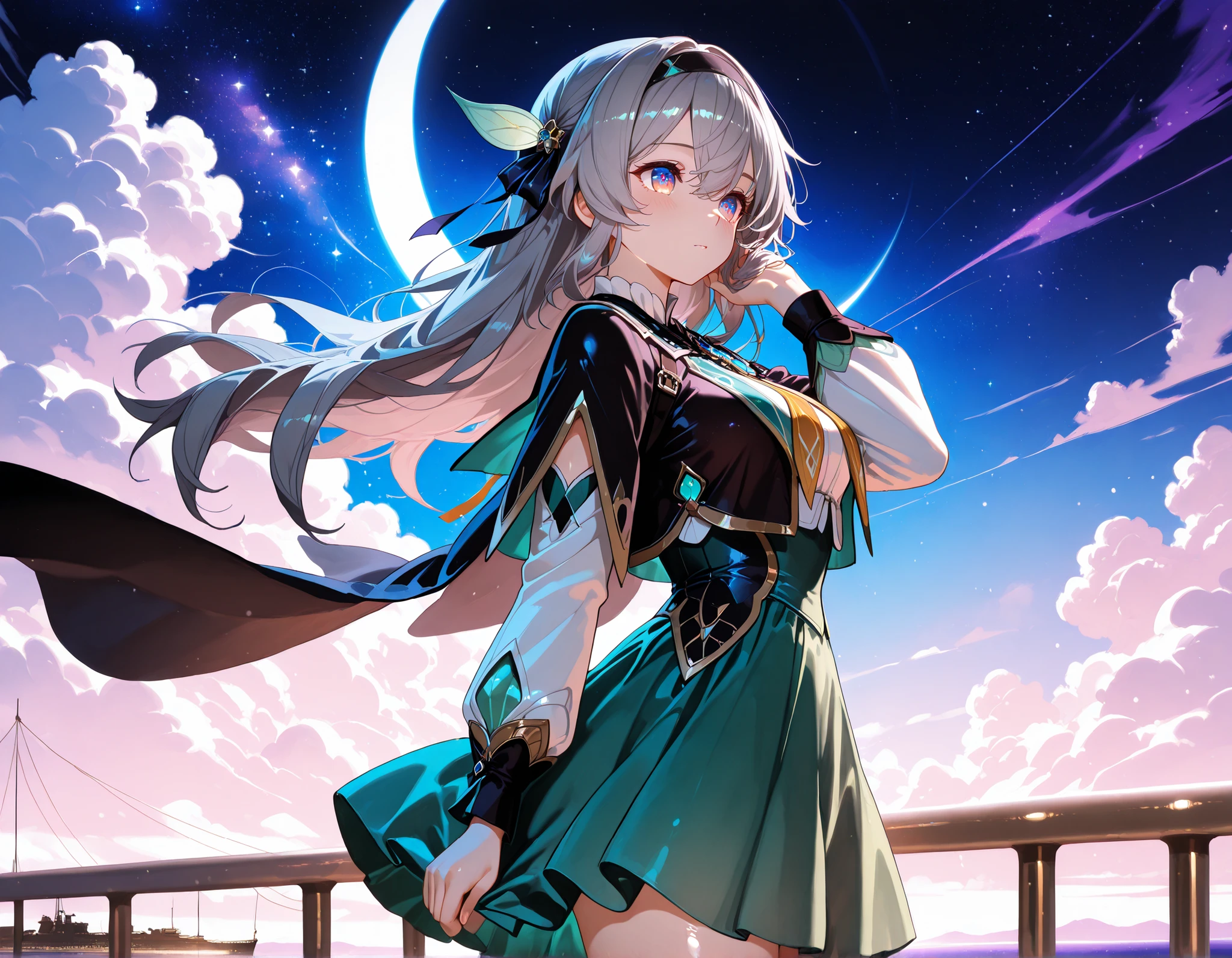high quality, masterpiece, detailed, 8K, beautiful lighting, five fingers, anime style, vibrant colors, A fantastical, fleeting blue-purple night sky, with a crescent moon and stars shining in the sky. A girl is standing at the top of the deck of a flying luxury cruise liner. Behind the girl is a night pool that looks like it's on a ship. (viewed from a low side view:1.5), The girl has closed her right eye due to a gust of wind from in front, and with her left hand she is pushing her hair up near her right ear, with her left hand on her skirt. The wind is strong, and the depiction of her hair, skirt, and clothes is strong. Focus on the girl and blur the background fantastically. aahotaru, long hair, grey hair, black hairband, hair ornament, hair ribbon, multicolored eyes, breasts, black cape, dress, long sleeves, green skirt, shiny skin, shiny, eyesHD, high gradient eyes, detailed eyes, high definition eyes,