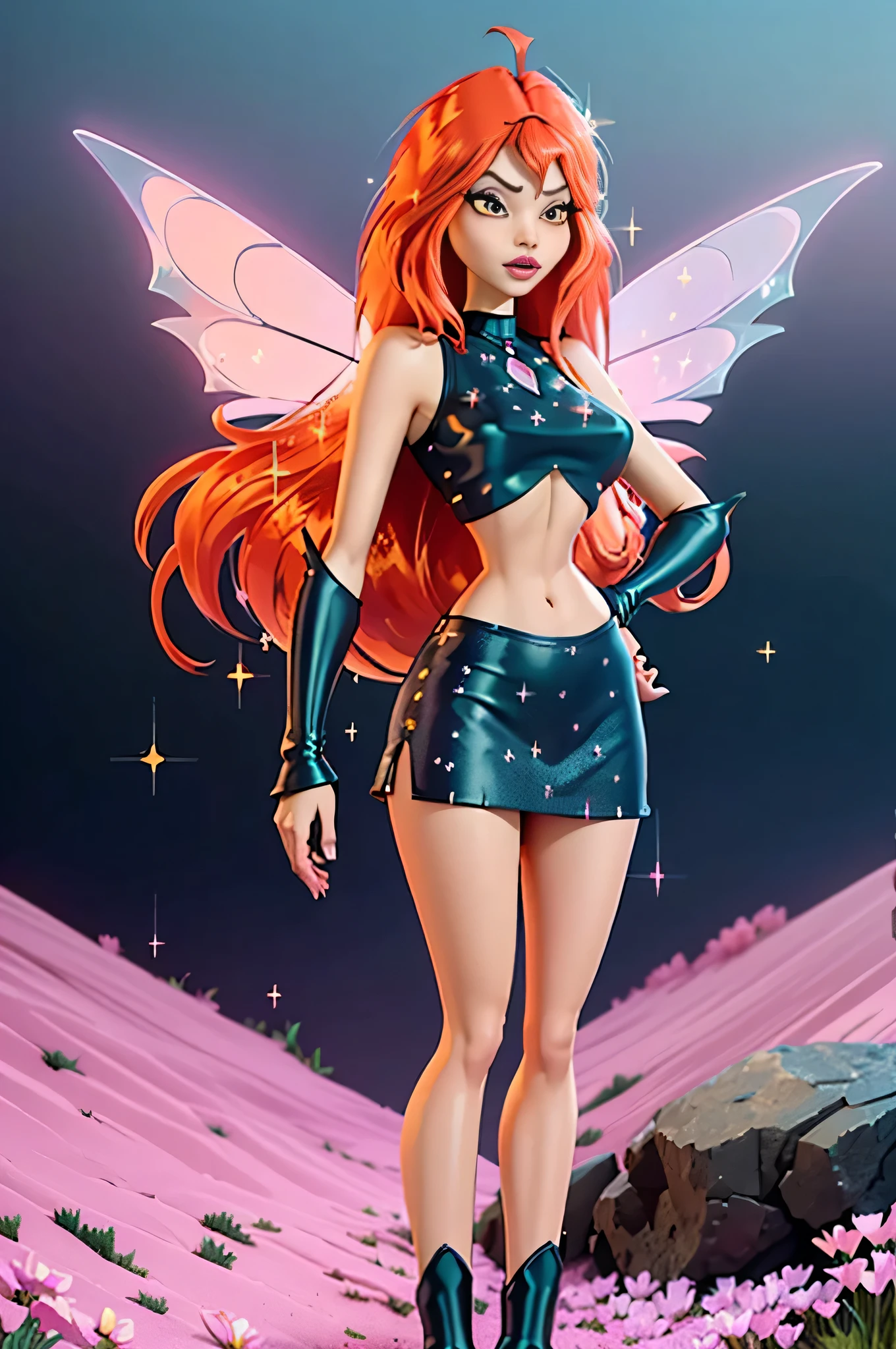 close up 1girl in, photo of Dark Bloom, Waifu, Anime style, Solo, (messy copper red hair, very long hair, thick red hair), (perfect clear skin, pale skin, detailed skin, large breasts, round breasts, perfect body, skinny, thin, thin hips, thin waist: 1.25), (fairy wings, wings, two wings, translucent wings: 1.35), (sparkly crop top and a sparkly skirt, dark leather boots: 1.5), An flower meadow landscape featuring a mountain peak on the horizon, cloudy skies with God rays shining through, In the foreground, there’s a lush meadow of vibrant wildflowers, with white and pink petals open towards the sky, (realistic photo, best quality, detailed), (8k wallpaper), (natural lighting, beautiful light, delicate, soft colors, cinematic)