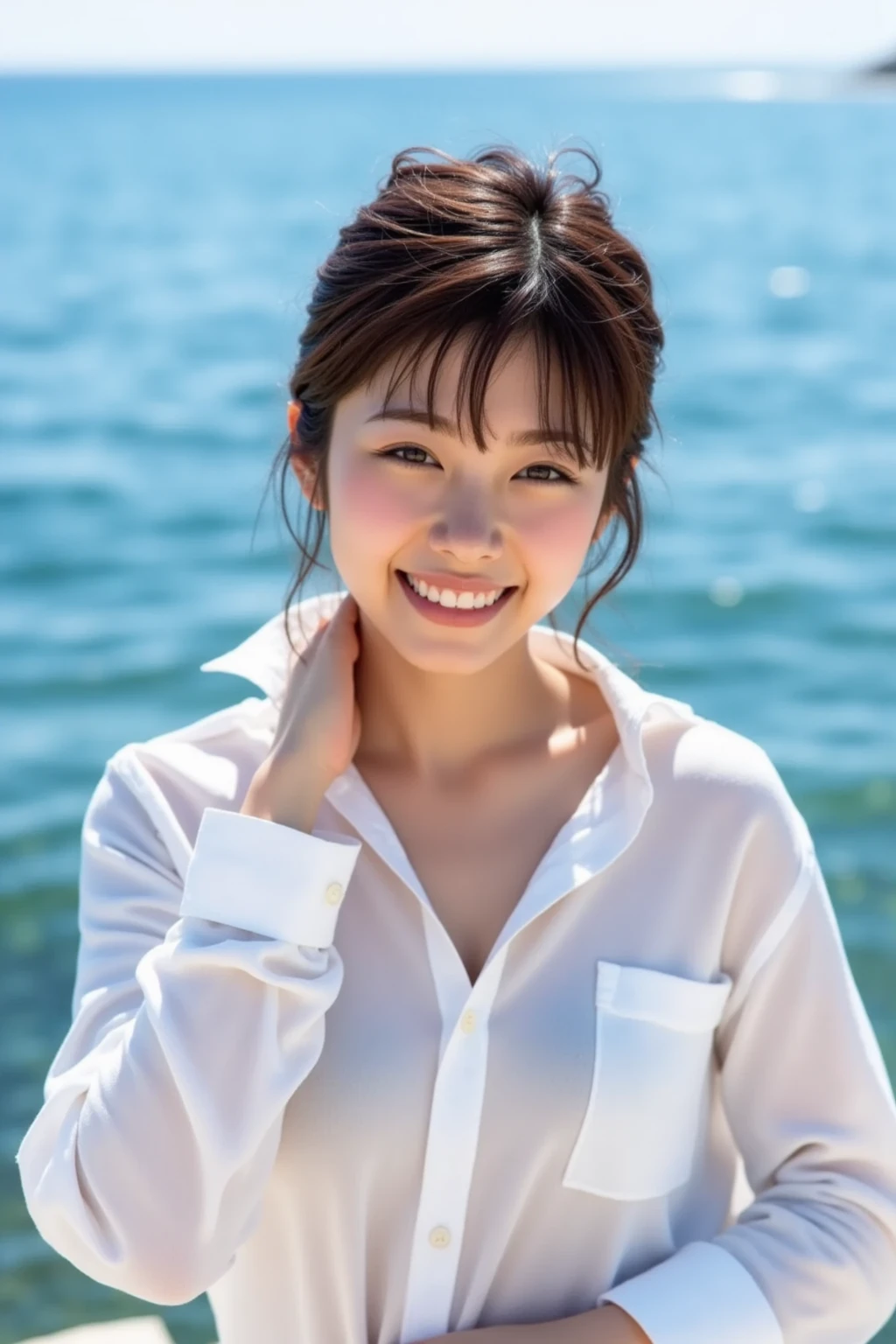 Gray background、pubic hair、Large Breasts、Thighs、Red lipstick、Cute woman、high school girl、White shirt、(Navy blue skirt)、smile、Open chest shirt、(A polka dot shirt that was wet and showed her underwear)、Wet Hair、Gazing at the sea、smile、On the boat、Raising his arms、Looking from below、Cloud、Dazzling sunlight、