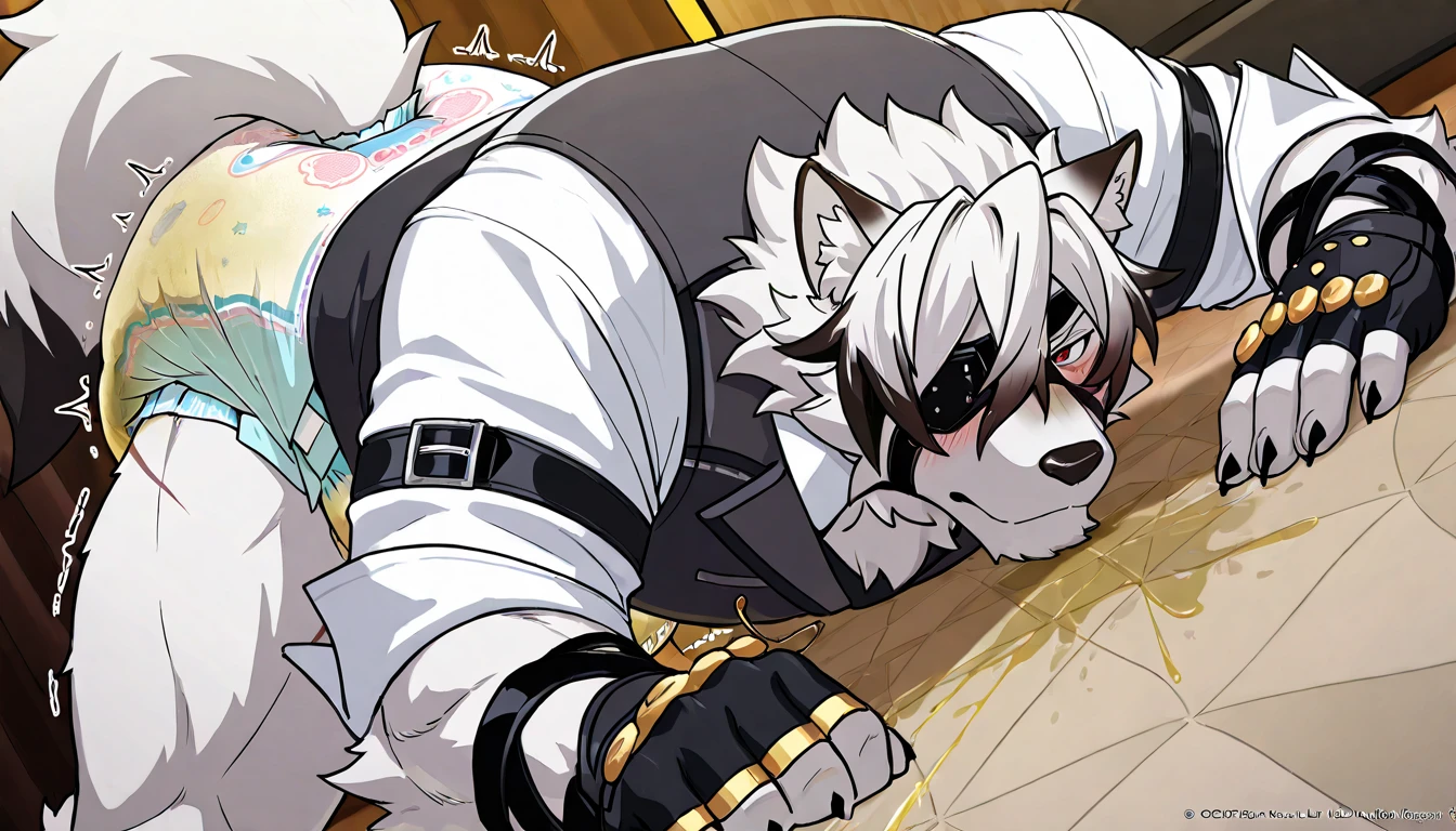 White Wolf,angry,blush,Future Warrior,Black and green combat suit,Green Eyes,(Tight),collar,muscle,Half face mask,(constraint),Handcuffs,Red rope tied limbs,captivity。Bulge in pants