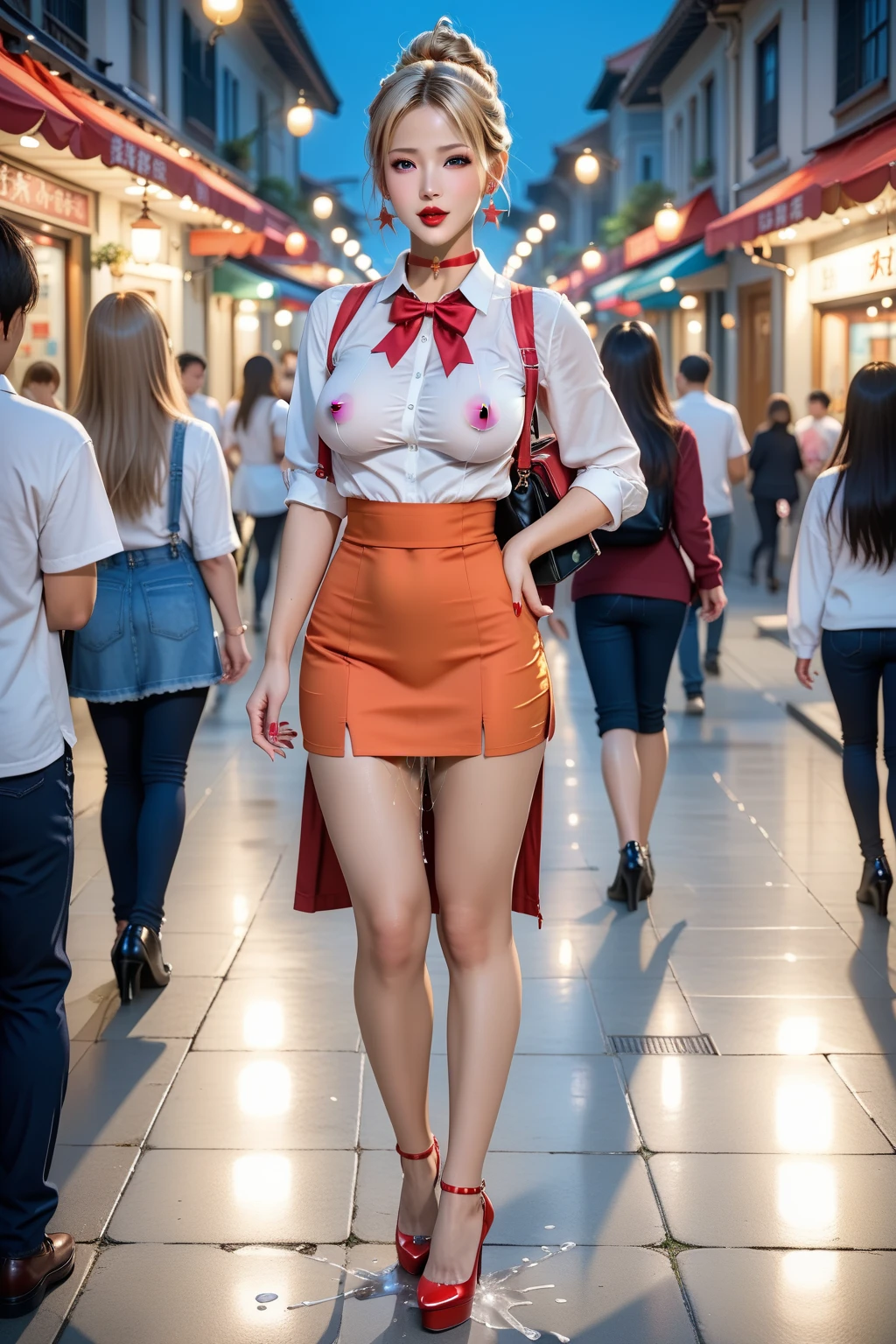 1 beautiful woman, ((stand in the overcrowded train)),(crammed train), pink underboob, beautiful face, seductive, a lot of makeup, (short wavy red hair, bob cut), wet underboob, high heels, (red mini skirt).