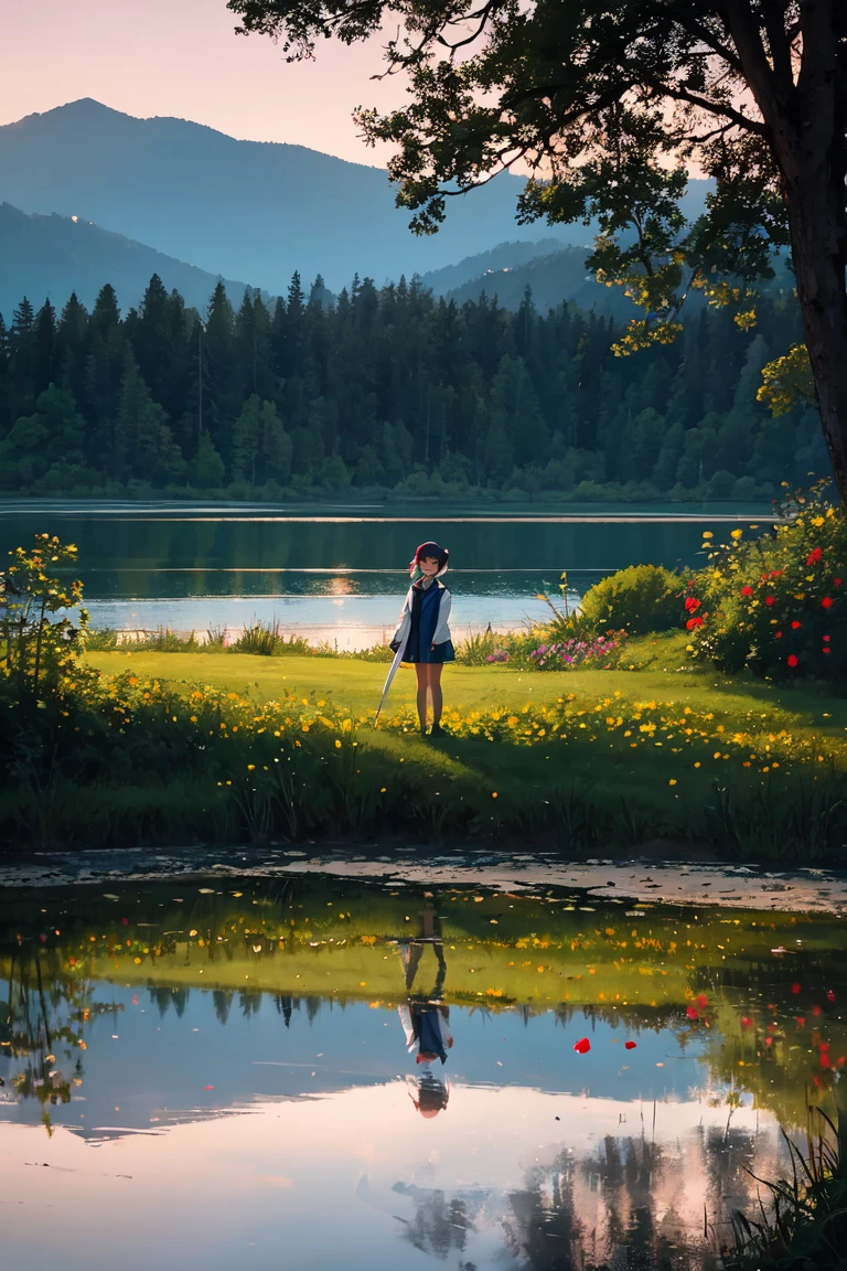 A woman dressed in a white swimsuit, Standing on a lake surrounded by trees and flowers, arte conceitual relaxante, por Li Song, por Yang J, a beautiful artwork illustration, serene illustration, natureza anime, anime exuberante john 8k madeiras, por Goro Fujita, Directed by: Atey Ghailan, natureza anime wallpap, arte de fundo, Atey Ghailan 8 K, Arte Lofi --auto