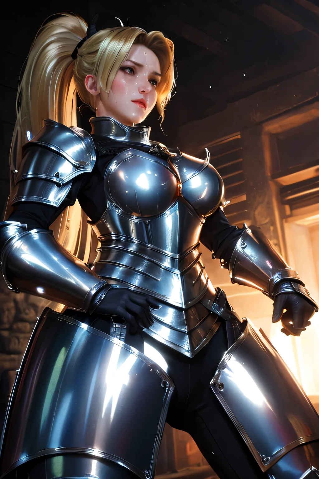 8K,Masterpiece,(female knight), Separate Armor,Slender figure,Short Bob Hair,Realistic, Sci-fi fantasy,female game character,Cleavage,(White panties),Sitting pose,back view