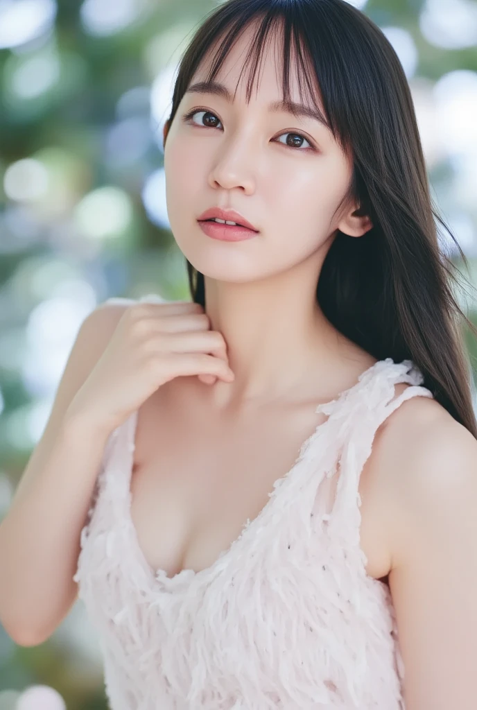 Best quality, masterpiece, ultra high res, (photorealistic:1.5), raw photo, 8k, 1girl, in the park, deep shadow, low key, cold light, sexy look, short hair, ample bust , bra outlined visible, bra strap, natural big breast.