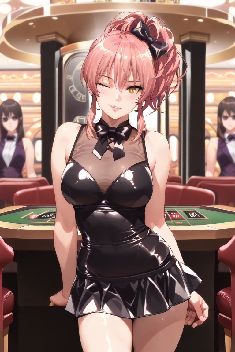 (best quality), (very aesthetic), (ultra-detailed), (best illustration), 1 girl, Solo, (Mika Jougasaki1.5), fine texture, (large breasts1.2), black playboy bunny, black pantyhose, casino viproom, sitting, smile