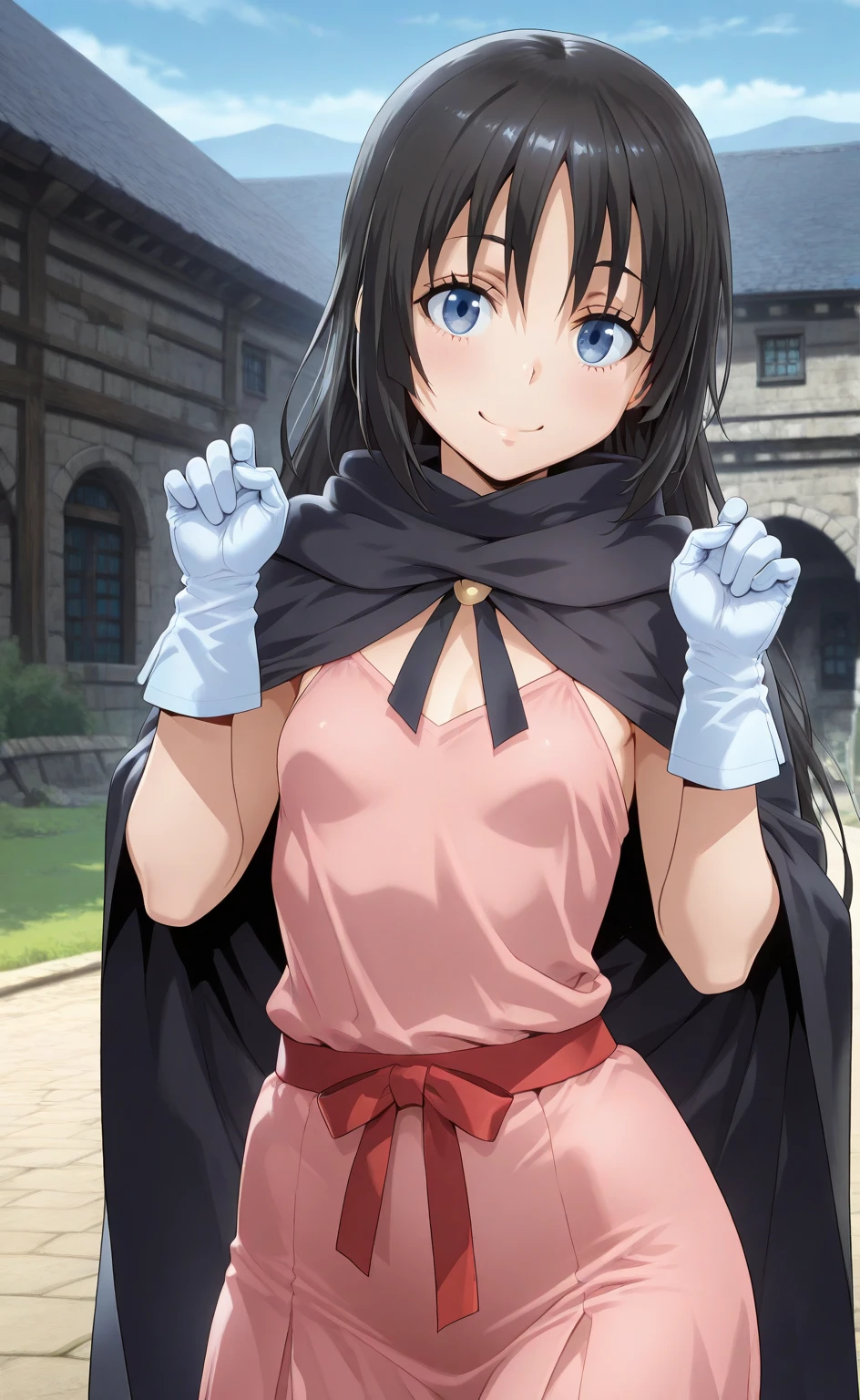 score_9, score_8_superior, score_7_superior, score_6_superior, score_5_superior, score_4_superior, Break Source_anime, masterpiece  ,anime screencap,Kudrinie, Long Hair, bangs, Black Hair, Long sleeve, jewelry, ring, Iris,Cape, Severe, Outdoor, Rose petals, Leaning forward,Tied up with rope,gag,Struggling,