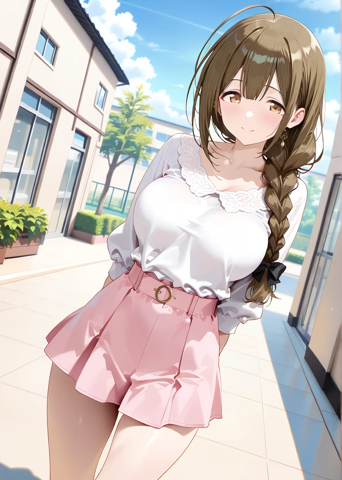 masterpiece,best quality,highres,ultra-detailed,bbyoriko,1girl,long hair,ponytail,sidelocks,bangs,scrunchie,(white sweater:1.1),long sleeves,(purple skirt:1.1),<lora:matsumoto_yoriko:0.8>,(skirt lift:1.4),(panties:1.2),blush,(embarrass:1.2),outdoors,garden,