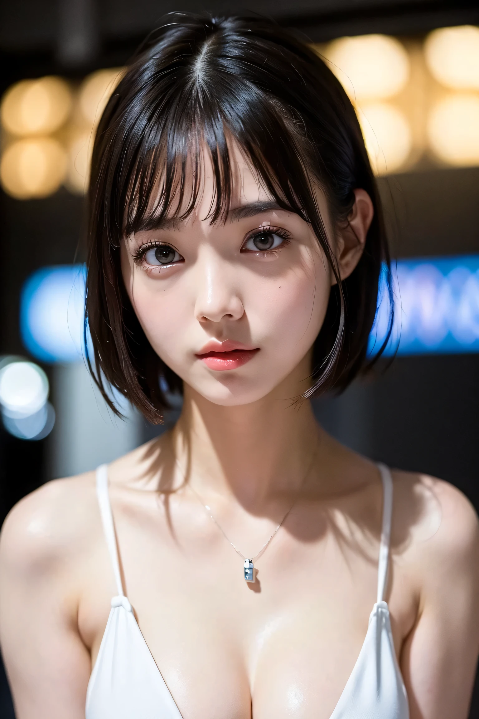 NFSW、Masterpiece、masterpiece、1 girl per 1 photo、(close up of face、cowboy shot)、Straight front view、japanes、Very young pretty woman、(The cutest girl in the world)、12year old、smaller face、large full breasts、cleavage of the breast、Wearing a cute black maid outfit with short sleeves silky satin、Ultra-detailed costumes、Smiling in a café、Headdress with black ribbon、scrunchie、a black choker、Glamorous figure、hyper cute face、shiny lip、Double eyelids in both eyes、 natural make up、long eyeslashes、Shiny smooth light brown hair、bangss、short twin tail hair、asymmetrical bangs、image in center、8K分辨率、high détails、Detailed hairstyles、A detailed face、spectacular movie lighting、octane renderings、with a vibrant、Ultra-realistic、Perfect limbs、perfect anatomia