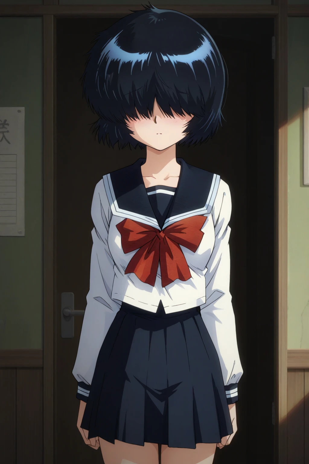Urabe, serafuku, (hair over eyes:1.3), anime, masterpiece, best quality, cowboy shot,
