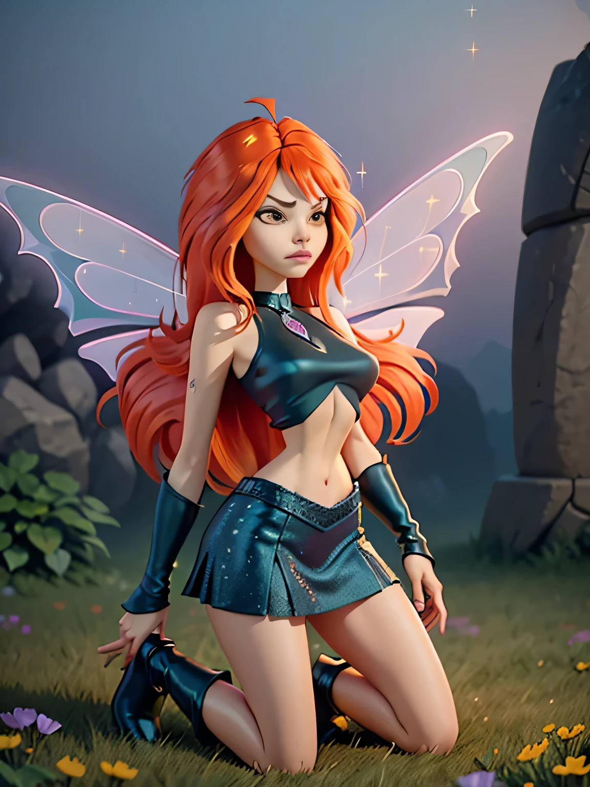 close up 1girl in, photo of Dark Bloom, Waifu, Anime style, Solo, (messy copper red hair, very long hair, thick red hair), (perfect clear skin, pale skin, detailed skin, large breasts, round breasts, perfect body, skinny, thin, thin hips, thin waist: 1.25), (fairy wings, wings, two wings, translucent wings: 1.35), ((kneeling down before photographer, splits kneeling, legs apart), looking up at pov, sad expression, pleading, overhead perspective), (cleavage, focus on breasts:1.2), (sparkly crop top and a sparkly skirt, dark leather boots: 1.5), An flower meadow landscape featuring a mountain peak on the horizon, cloudy skies with God rays shining through, In the foreground, there’s a lush meadow of vibrant wildflowers, with white and pink petals open towards the sky, (realistic photo, best quality, detailed), (8k wallpaper), (natural lighting, beautiful light, delicate, soft colors, cinematic)