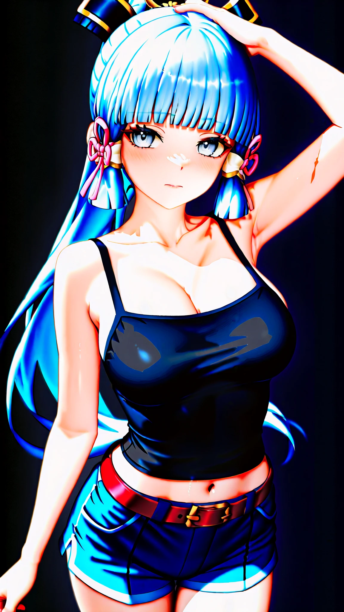 high quality, masterpiece, highres, large breasts, cleavage, standing, teenage, solo, white background, teenage, front view, looking at viewer, sitting, cowboy shot, 1girl, big eyes, medium hair, hair intakes, bangs, hair between eyes, sidelocks, light blue hair, wavy hair, solo, pink camisole, pink panties, striped panties, sad, pink eyes, blush, raised eyebrows, wide hips, midriff, navel, anime coloring, hand on table, leaning, head tilt, hand in hair,