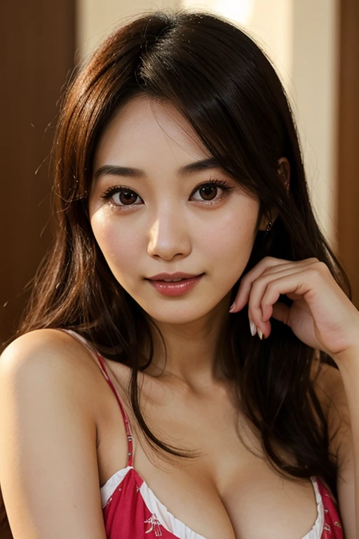 ((Midnight, Best Quality, 8K, Realistic)), Perfect body beauty: 1.4, Slim abs, ((Long dark brown hair, Medium Breasts: 1.2)), (Tight pajama, Sitting: 1.2), (Indoor, Bed, Bed background, Night light view, Soft dark lighting: 1.2, dark lighting), Highly detailed face and skin texture, detailed eyes, double eyelids, seductive smile, half body camera view, selfie camera view, (Face looking at the camera, Holding the camera: 1.1, Selfie: 1.2)