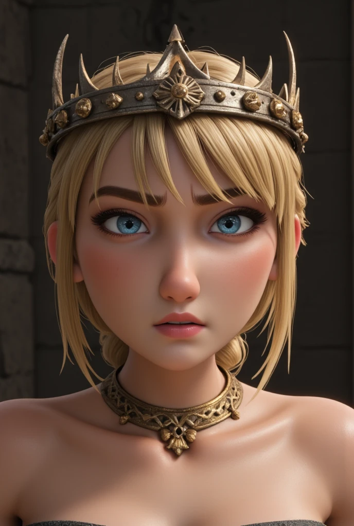 Astrid, the beautiful young Viking, is naked, her nipples pierced with gold piercings. Around her neck is a tight gold necklace, and her ears are studded with precious jewels.
A fine crown atop her head. She has a defiant look on her face.