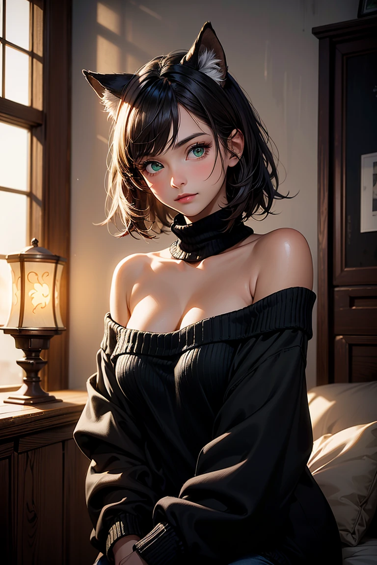 girl, slim body, navy blue hair, wolf ear, nano micro blue lace bra, nano micro lace panties, choker, bedroom background, light eyes, anime, 14 years old --auto --s2