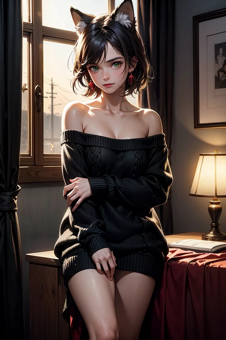 Amazing portrait of a sexy woman with a feral look in her eyes as she's sitting back in her chair with one leg crossed over the other wearing an oversized sweater that is showcasing her bare shoulders and her cleavage her brown hair is curly and messy and her makeup is elegant and sexy wearing elegant earrings and the overall atmosphere is intimate