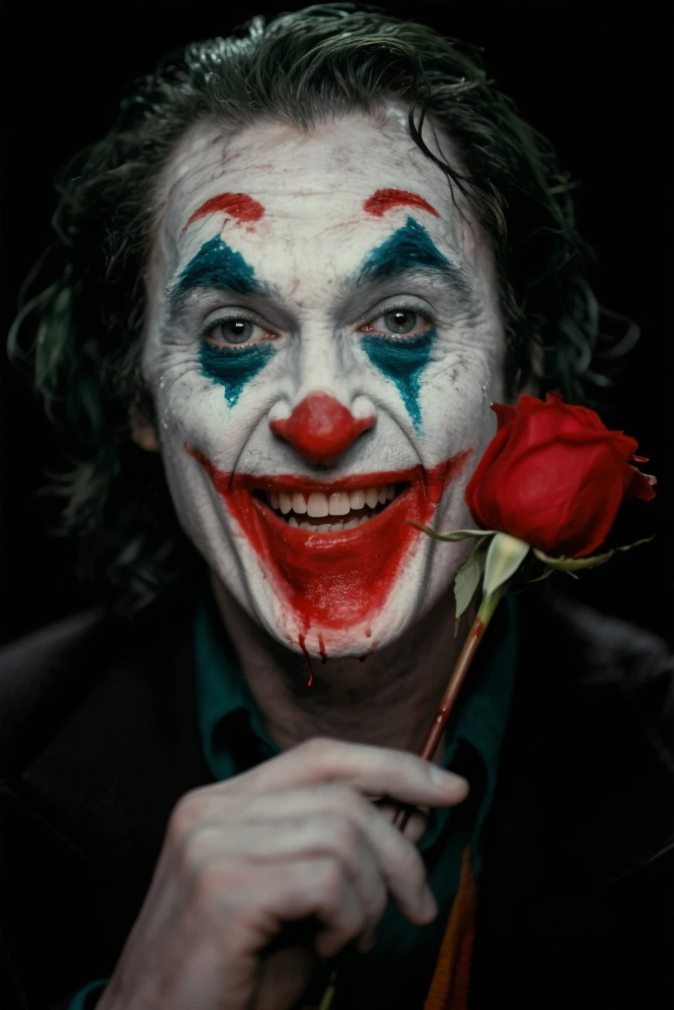 Joker the clown with a rose in his mouth